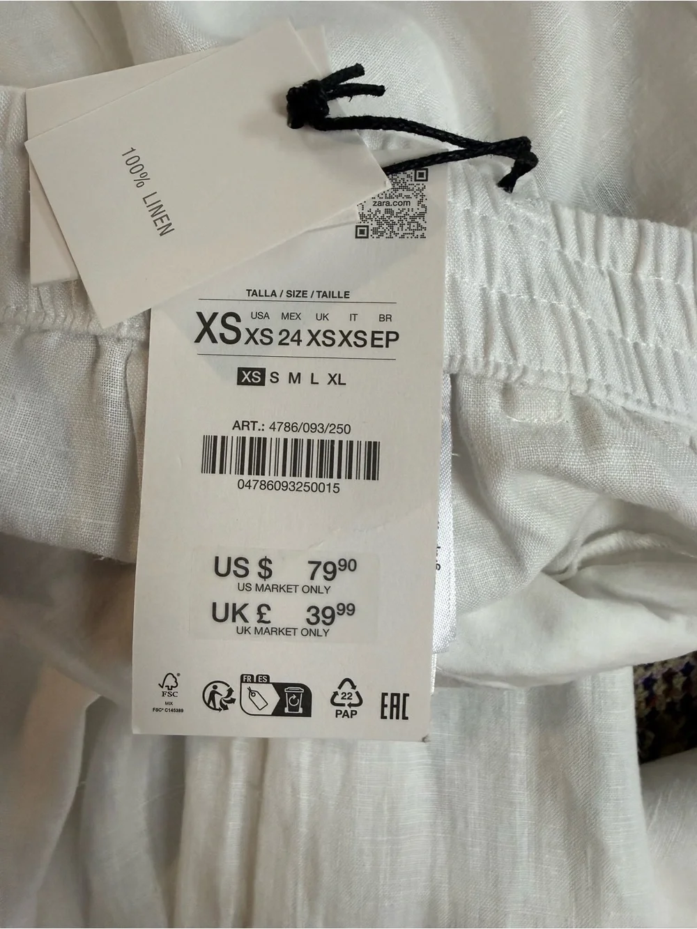 Zara ZW Collection White 100% Linen Pleated Pants XS NWT